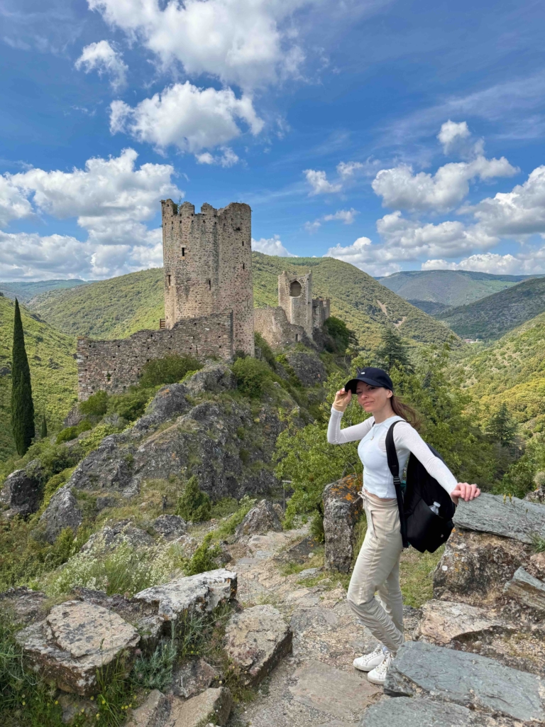 Lastours, France. Ruined castle on rocky cliff and hill